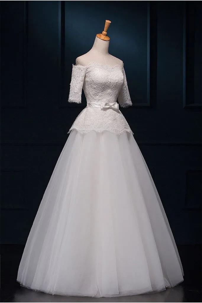 Modest Elegant Big Puffy Lace Wedding Dresses With Sleeves PFW0288