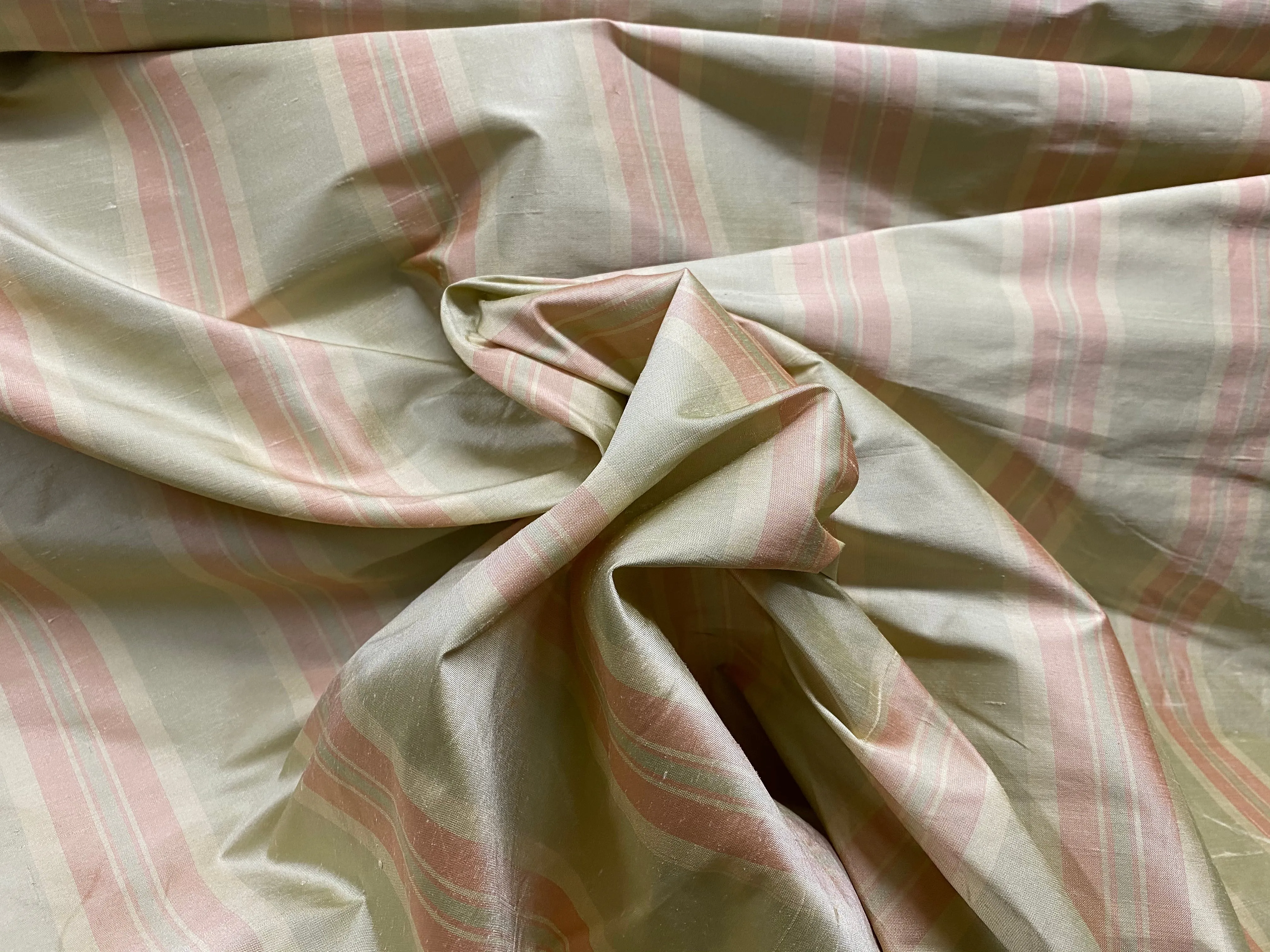 NEW Baroness Florence 100% Silk Rococo Dupioni Stripe Faded Pastel Pink and Pistachio