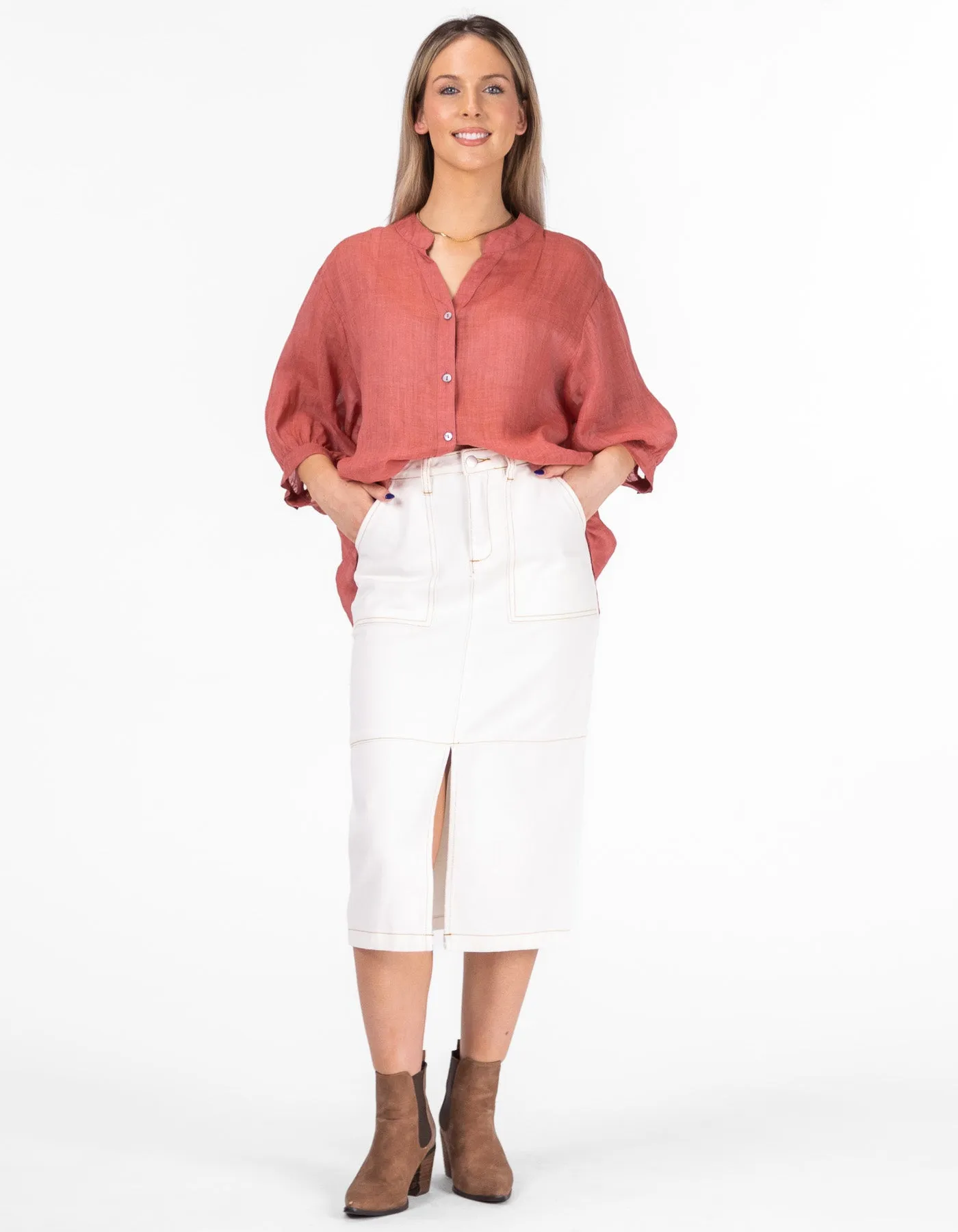 Norwood Slit Front Midi Skirt in White Denim