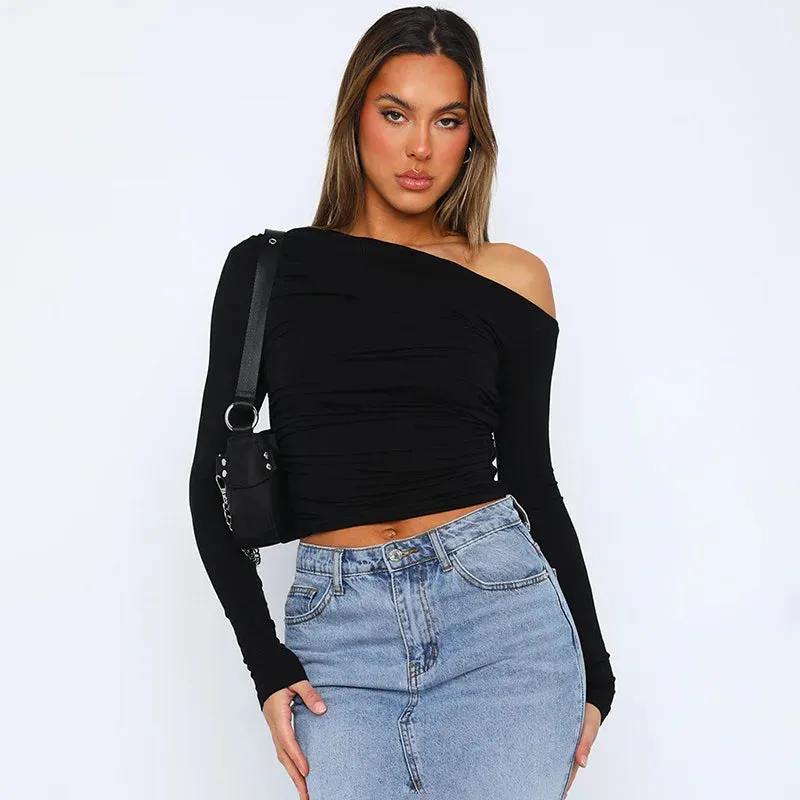One Shoulder Spring Long Sleeve Ruched Pink Tight Women's T-shirt
