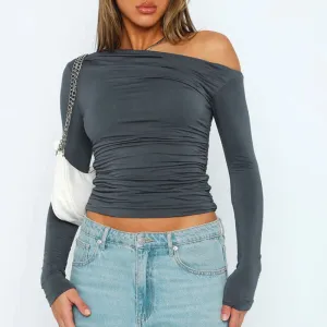 One Shoulder Spring Long Sleeve Ruched Pink Tight Women's T-shirt