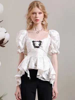 Peplum Puff-Sleeve Lace Frill Feminine Blouse
