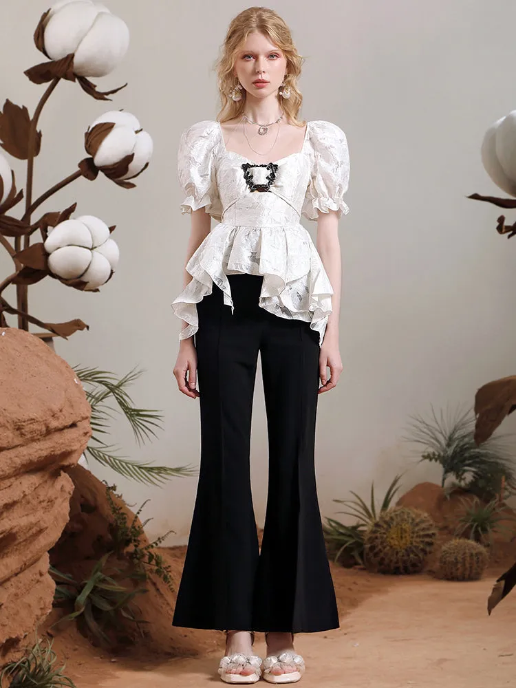 Peplum Puff-Sleeve Lace Frill Feminine Blouse