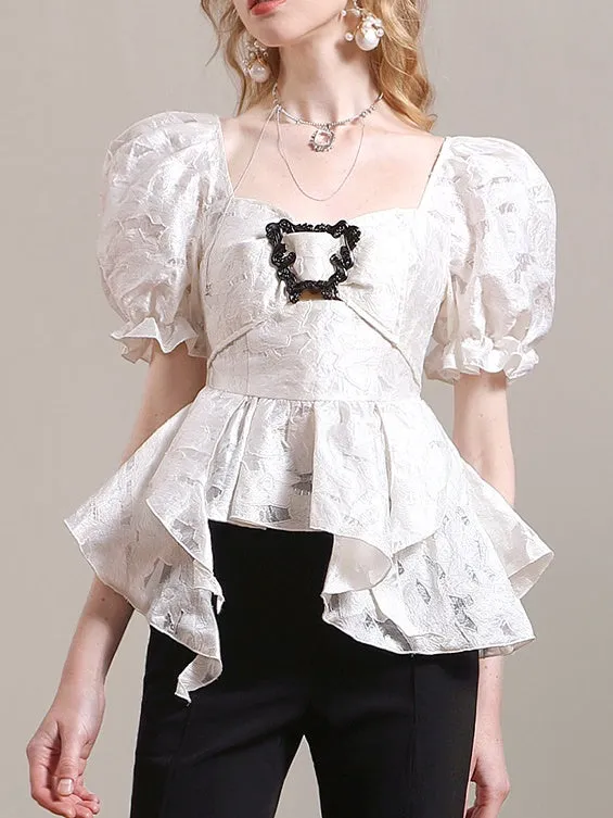 Peplum Puff-Sleeve Lace Frill Feminine Blouse