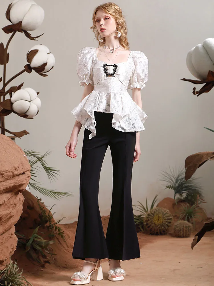Peplum Puff-Sleeve Lace Frill Feminine Blouse