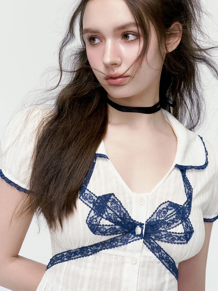 Peplum Ribbon Feminine Tight V-neck Lace Blouse