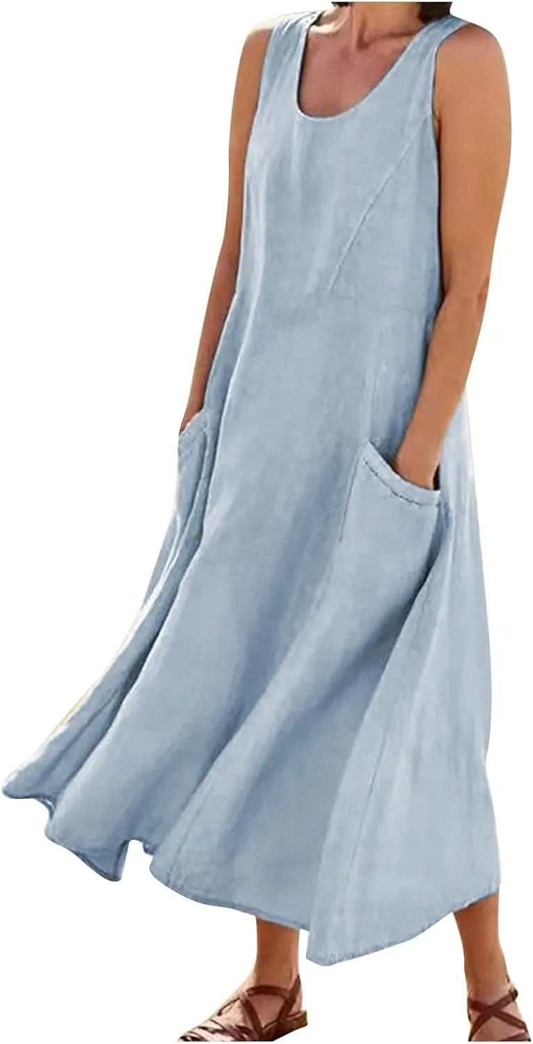 Plus Size Dresses for Curvy Women Summer Casual Sleeveless Cotton Sun Dress Maxi Tunic Tank Beach Dress with Pocket