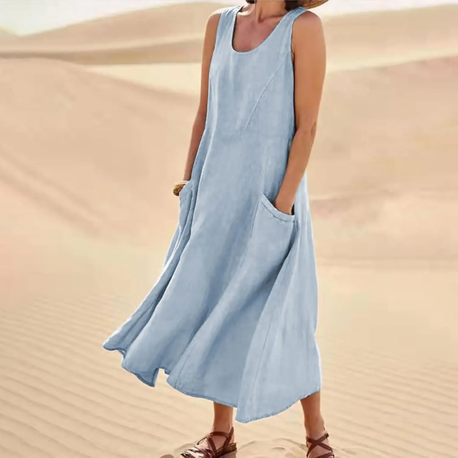 Plus Size Dresses for Curvy Women Summer Casual Sleeveless Cotton Sun Dress Maxi Tunic Tank Beach Dress with Pocket
