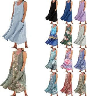 Plus Size Dresses for Curvy Women Summer Casual Sleeveless Cotton Sun Dress Maxi Tunic Tank Beach Dress with Pocket