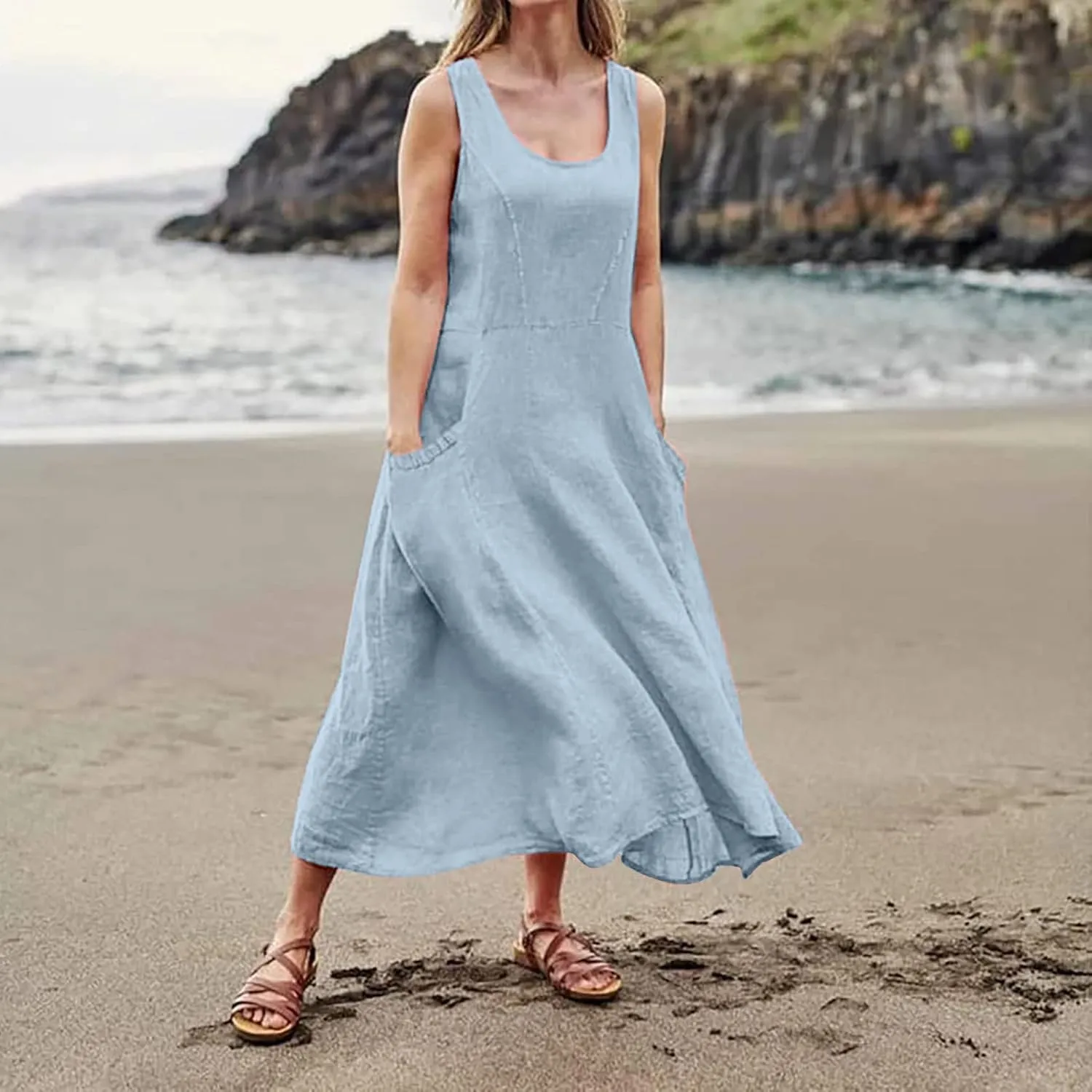 Plus Size Dresses for Curvy Women Summer Casual Sleeveless Cotton Sun Dress Maxi Tunic Tank Beach Dress with Pocket