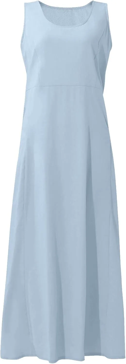 Plus Size Dresses for Curvy Women Summer Casual Sleeveless Cotton Sun Dress Maxi Tunic Tank Beach Dress with Pocket