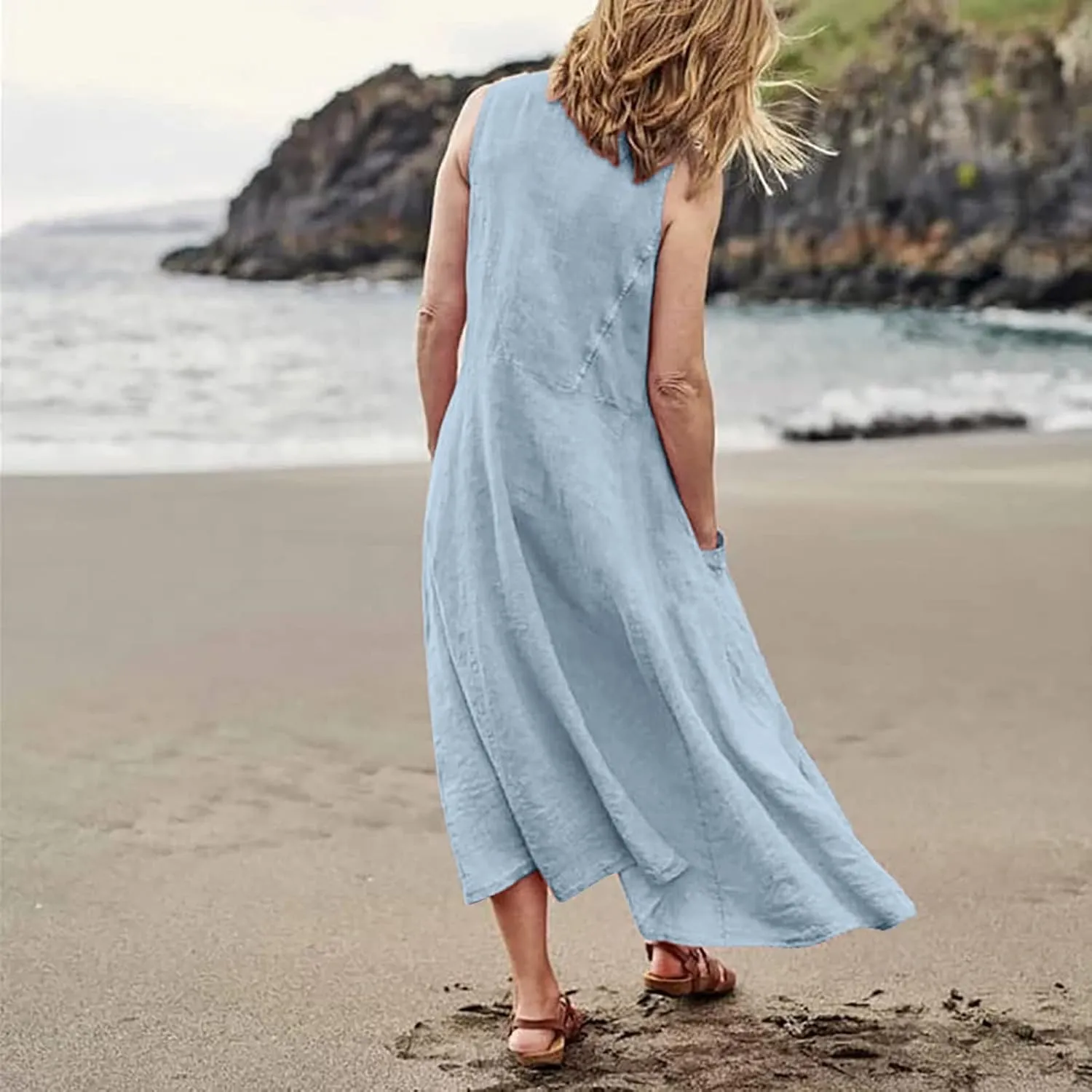 Plus Size Dresses for Curvy Women Summer Casual Sleeveless Cotton Sun Dress Maxi Tunic Tank Beach Dress with Pocket