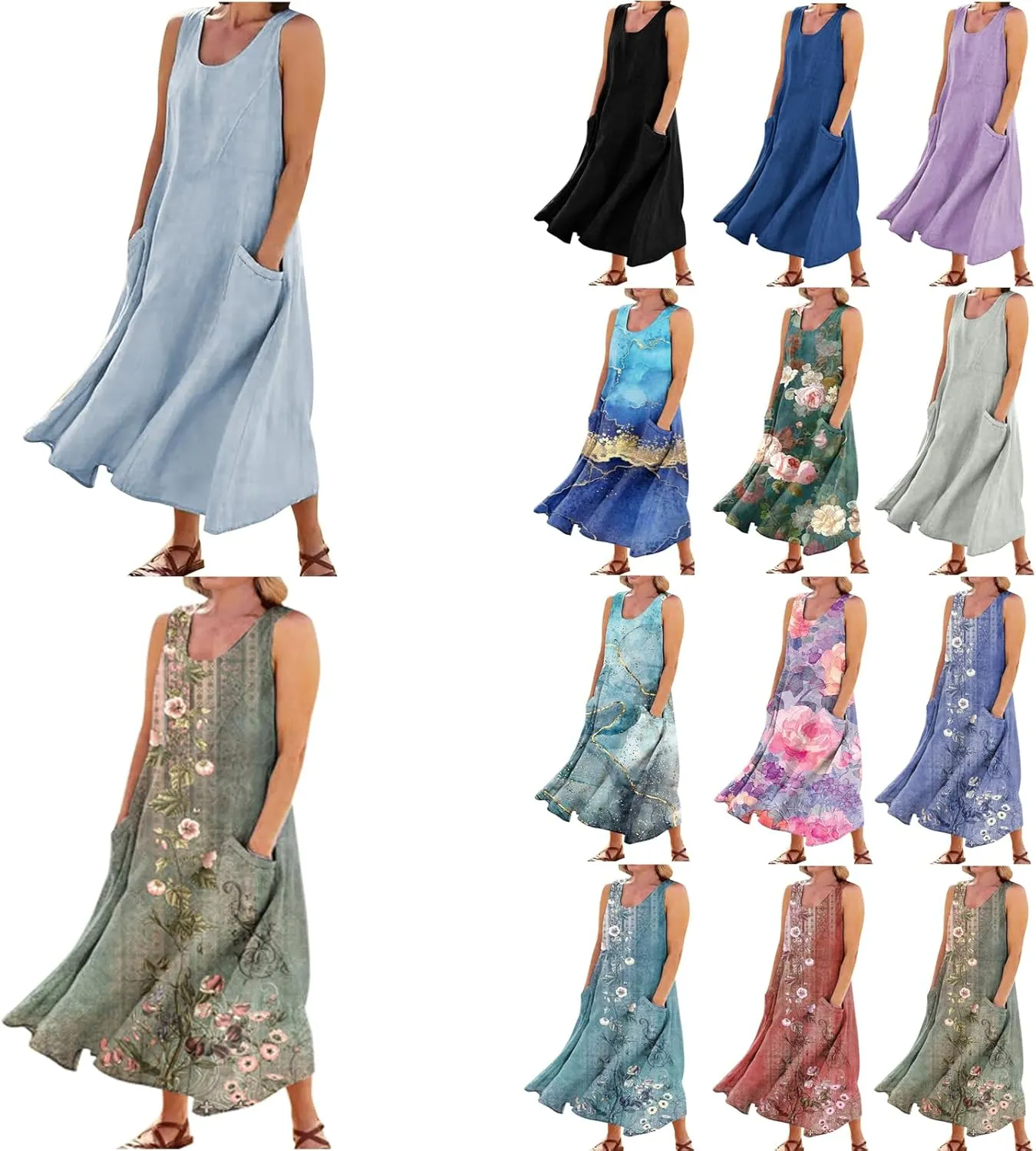 Plus Size Dresses for Curvy Women Summer Casual Sleeveless Cotton Sun Dress Maxi Tunic Tank Beach Dress with Pocket