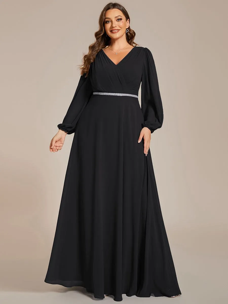 Plus Size Pleated Double V-Neck Long Sleeves Shiny Belt Chiffon Evening Dress