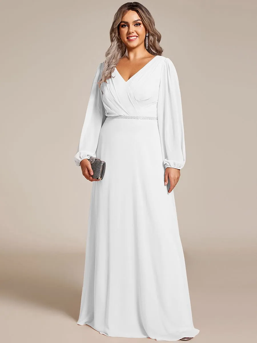 Plus Size Pleated Double V-Neck Long Sleeves Shiny Belt Chiffon Evening Dress