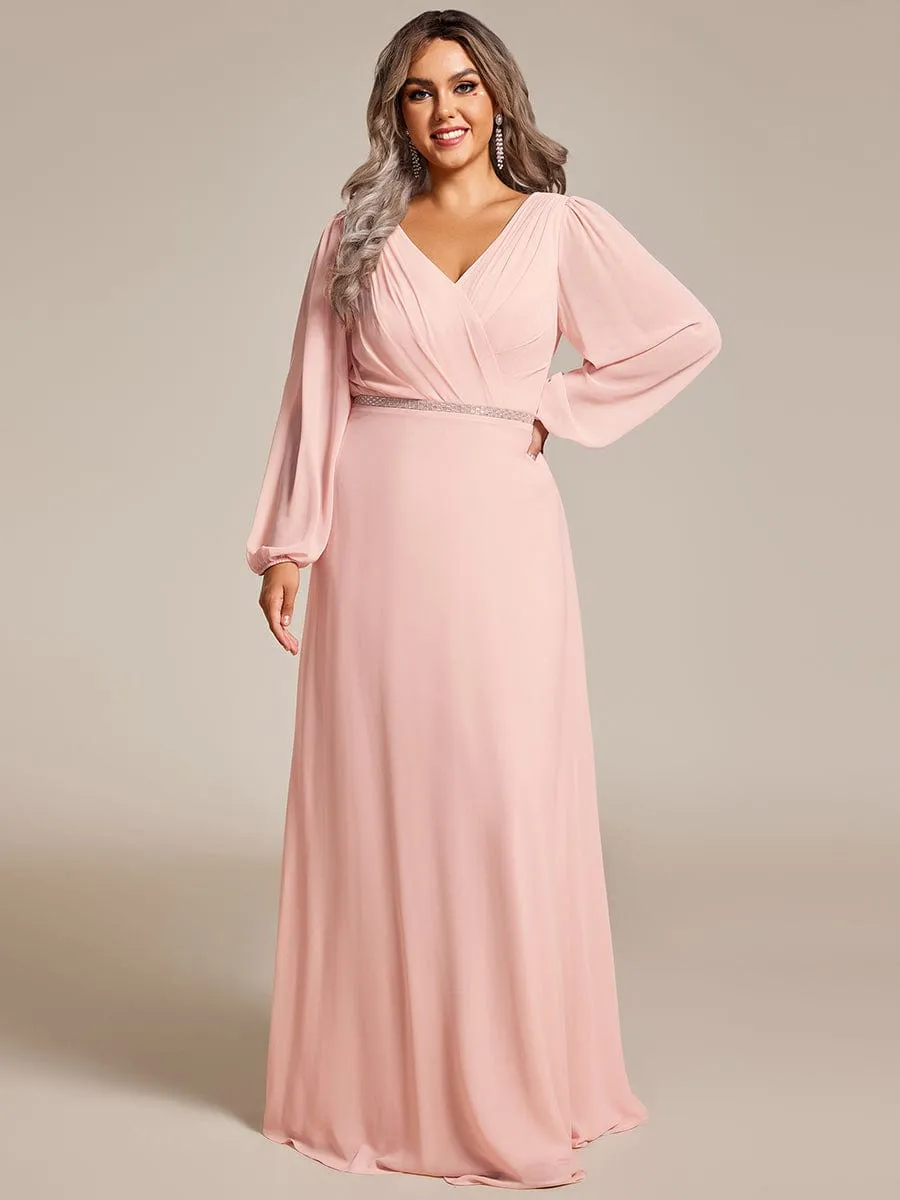 Plus Size Pleated Double V-Neck Long Sleeves Shiny Belt Chiffon Evening Dress