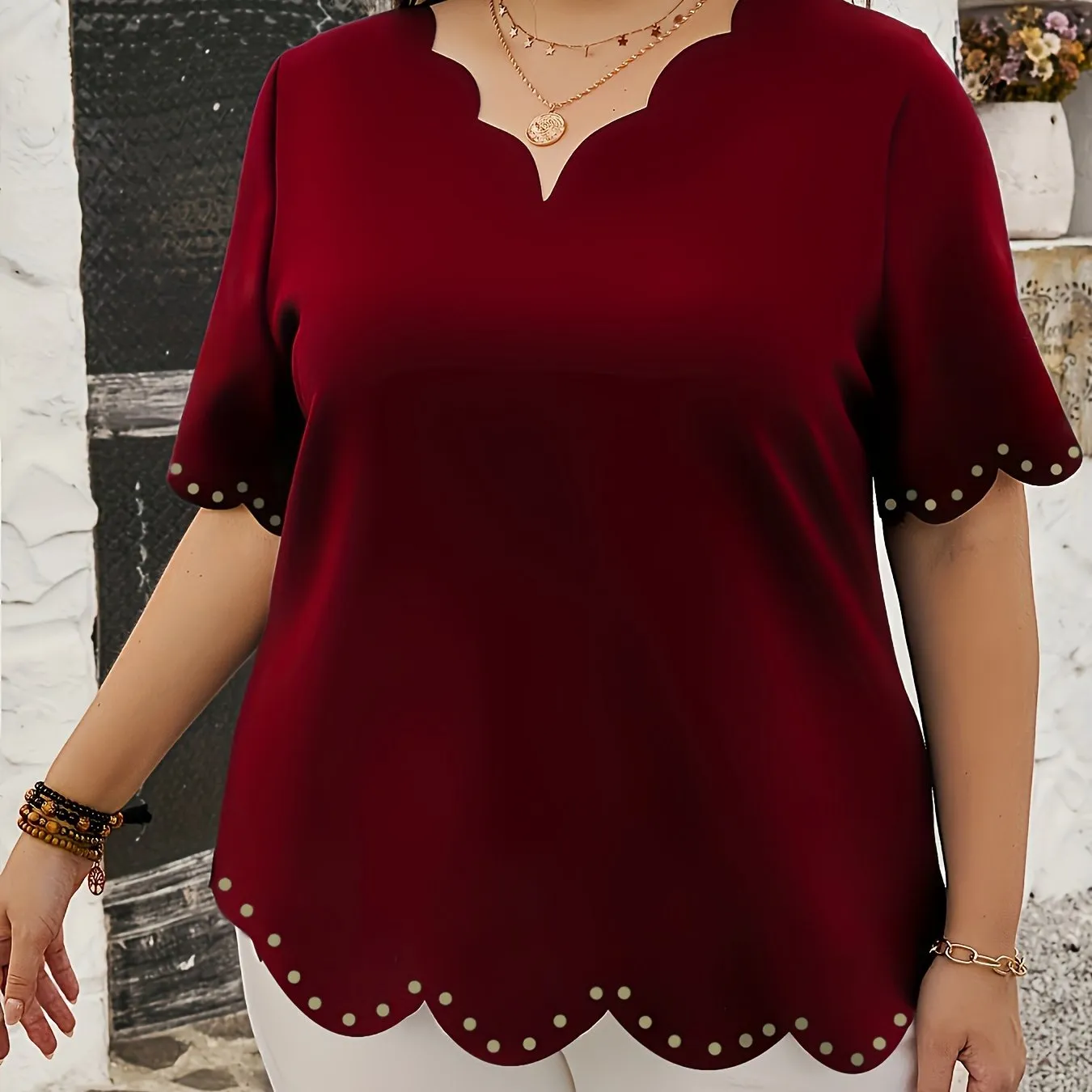 Plus Size Scallop Trim Blouse - Delicate Trim Details, Flattering V-Neckline, Short Sleeves, Effortlessly Casual Style - Designed for Plus-Size Women, Perfect for Spring, Womens Clothing Collection
