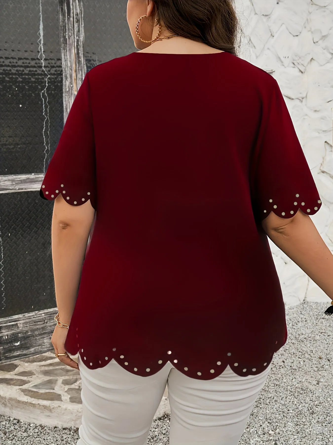 Plus Size Scallop Trim Blouse - Delicate Trim Details, Flattering V-Neckline, Short Sleeves, Effortlessly Casual Style - Designed for Plus-Size Women, Perfect for Spring, Womens Clothing Collection