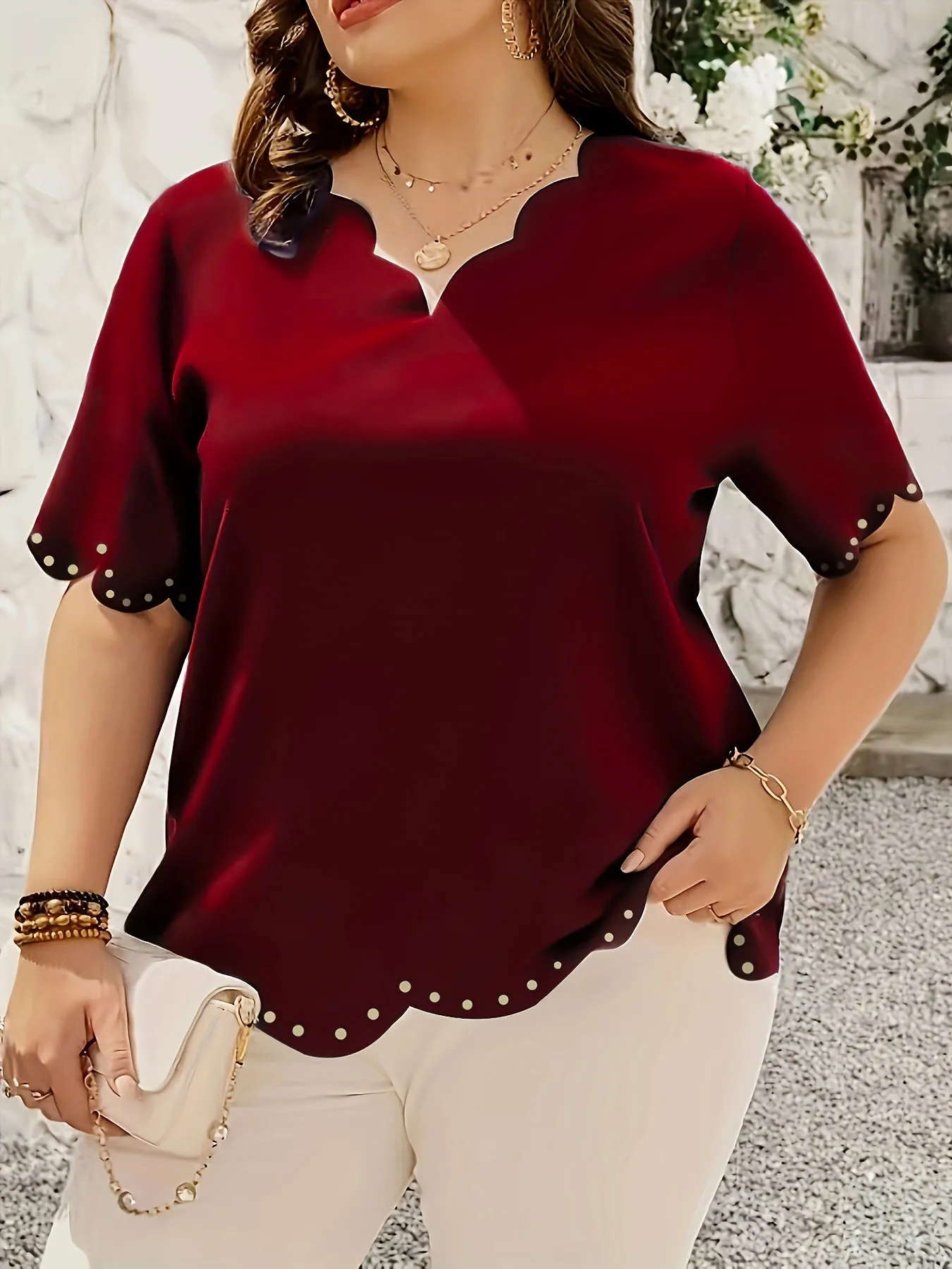 Plus Size Scallop Trim Blouse - Delicate Trim Details, Flattering V-Neckline, Short Sleeves, Effortlessly Casual Style - Designed for Plus-Size Women, Perfect for Spring, Womens Clothing Collection