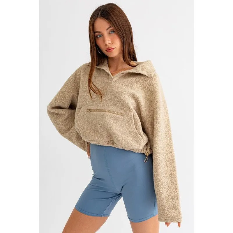 Pocket Detail Boxy Fleece Pullover Sweater