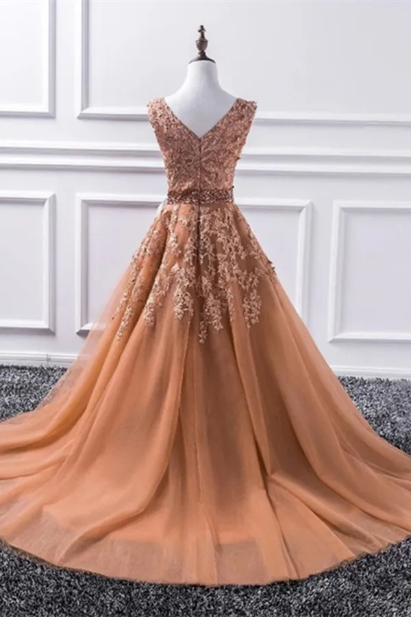 Promfast Champagne V Neck Lace Long Prom Dresses, Lace Formal Dresses, Evening Dress PFP1992