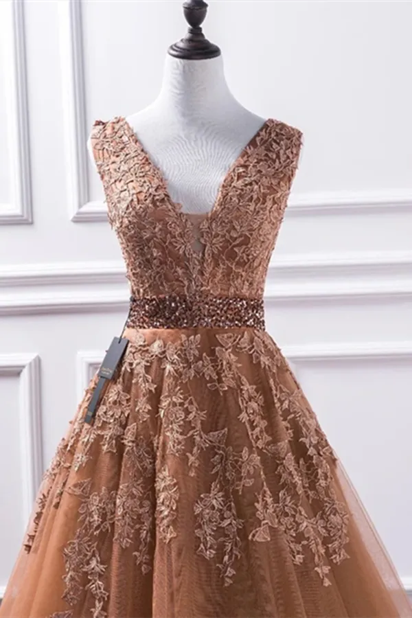 Promfast Champagne V Neck Lace Long Prom Dresses, Lace Formal Dresses, Evening Dress PFP1992