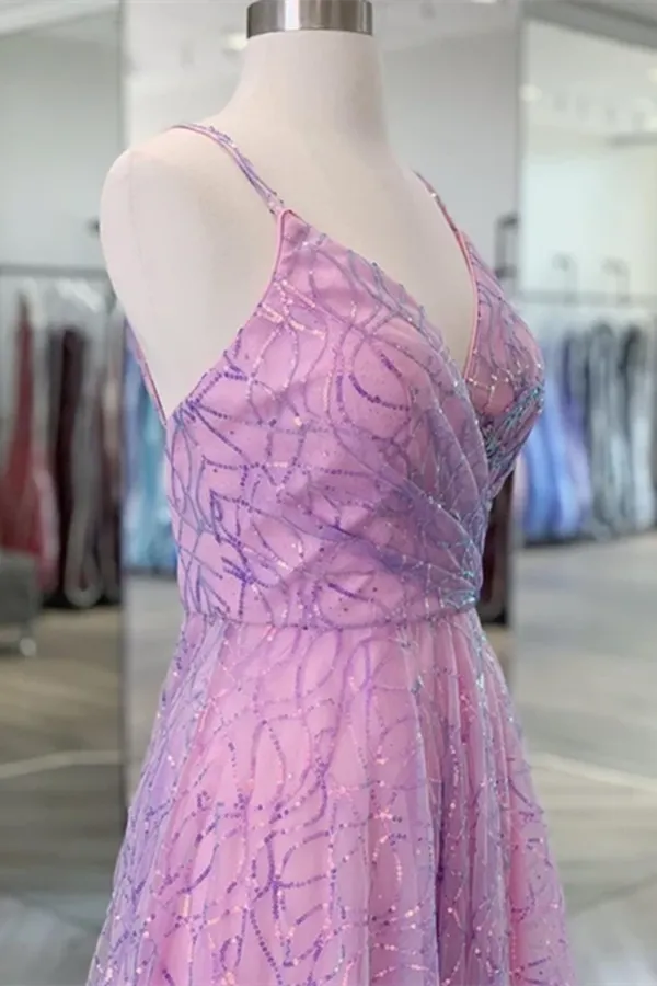 Promfast Shiny V Neck Backless Lilac Prom Dresses with Straps, Formal Dresses, Purple Evening Dresses PFP2096