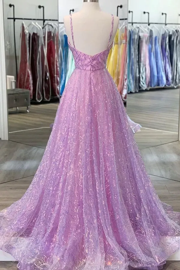 Promfast Shiny V Neck Backless Lilac Prom Dresses with Straps, Formal Dresses, Purple Evening Dresses PFP2096