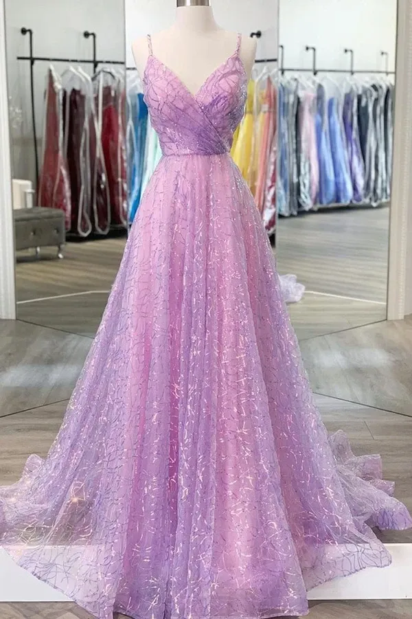 Promfast Shiny V Neck Backless Lilac Prom Dresses with Straps, Formal Dresses, Purple Evening Dresses PFP2096