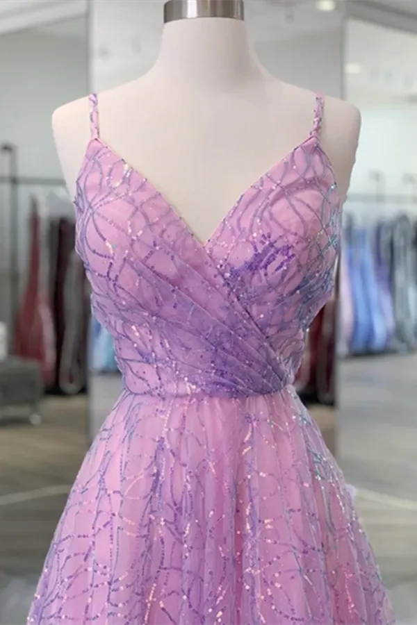 Promfast Shiny V Neck Backless Lilac Prom Dresses with Straps, Formal Dresses, Purple Evening Dresses PFP2096
