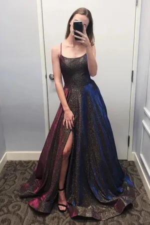 Promfast Sparkly Scoop Spaghetti Straps Slit Prom Dresses, Unique Party Dresses with Pockets PFP1867