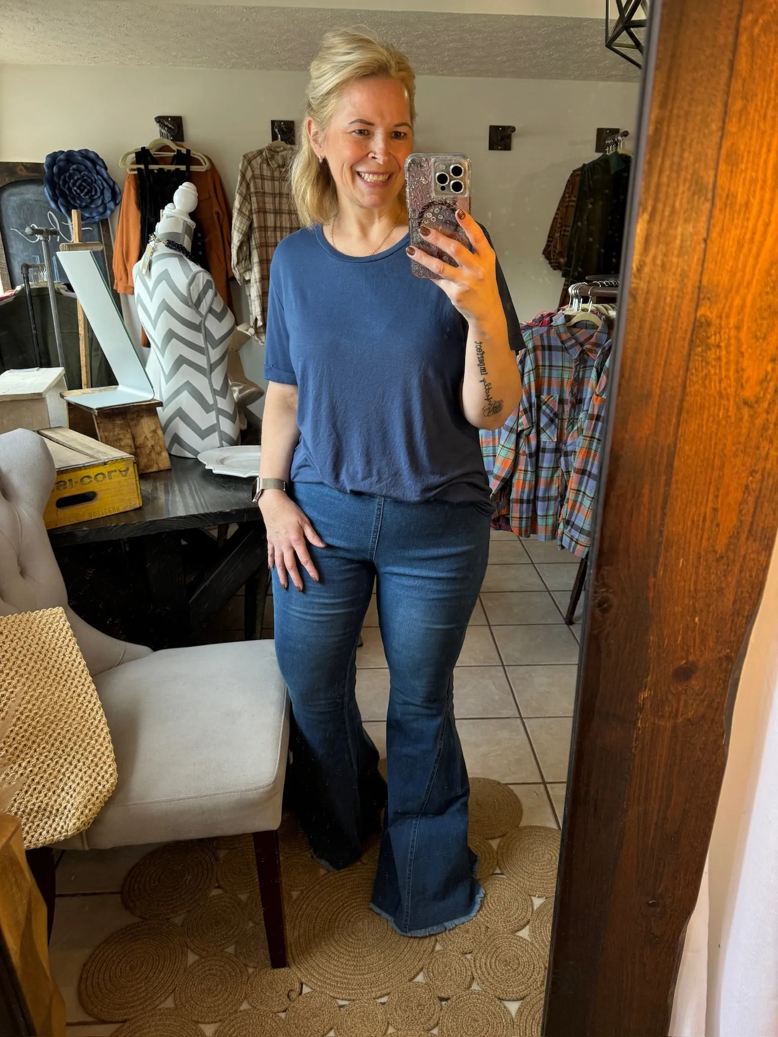 Pull-On Flare Jeans with Raw Distressed Hem