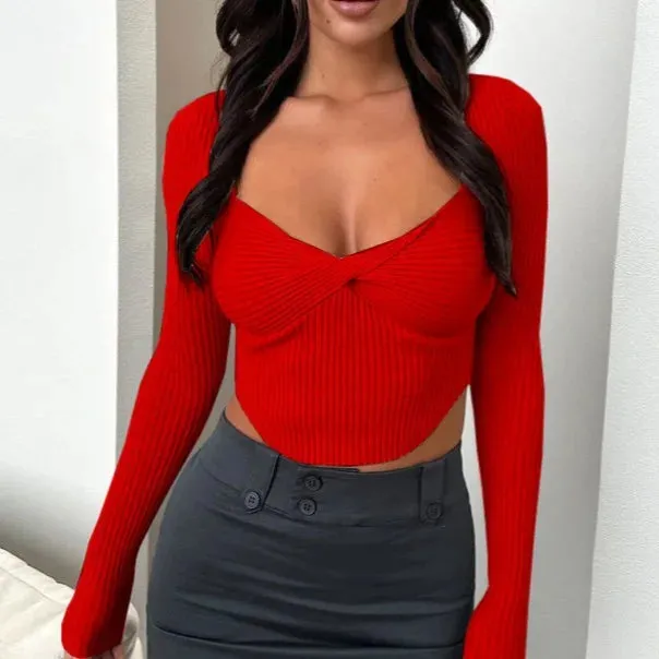 Ribbed Long Sleeve Slim Stretch Square Collar Tight Cropped Tee Shirt Y2k Fashion Women's T-shirt