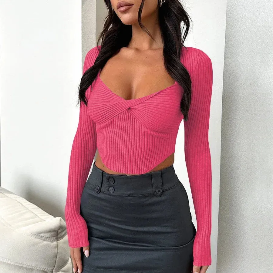 Ribbed Long Sleeve Slim Stretch Square Collar Tight Cropped Tee Shirt Y2k Fashion Women's T-shirt