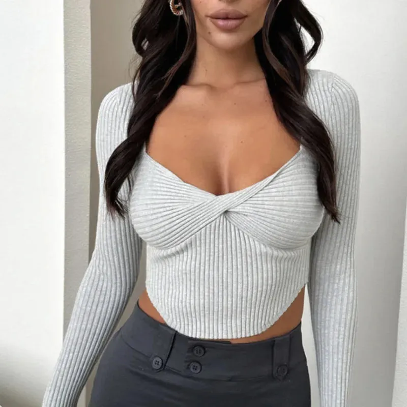 Ribbed Long Sleeve Slim Stretch Square Collar Tight Cropped Tee Shirt Y2k Fashion Women's T-shirt