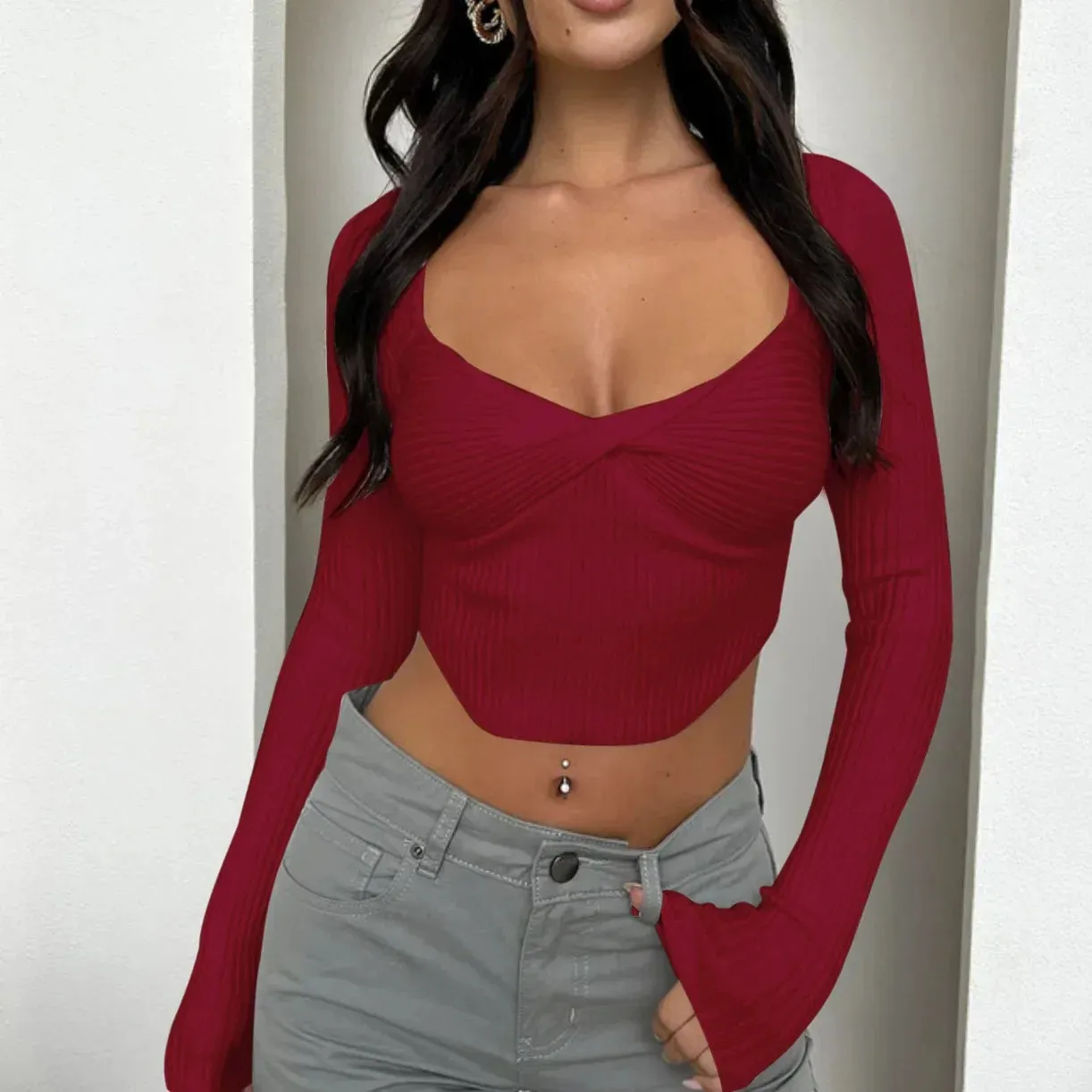 Ribbed Long Sleeve Slim Stretch Square Collar Tight Cropped Tee Shirt Y2k Fashion Women's T-shirt