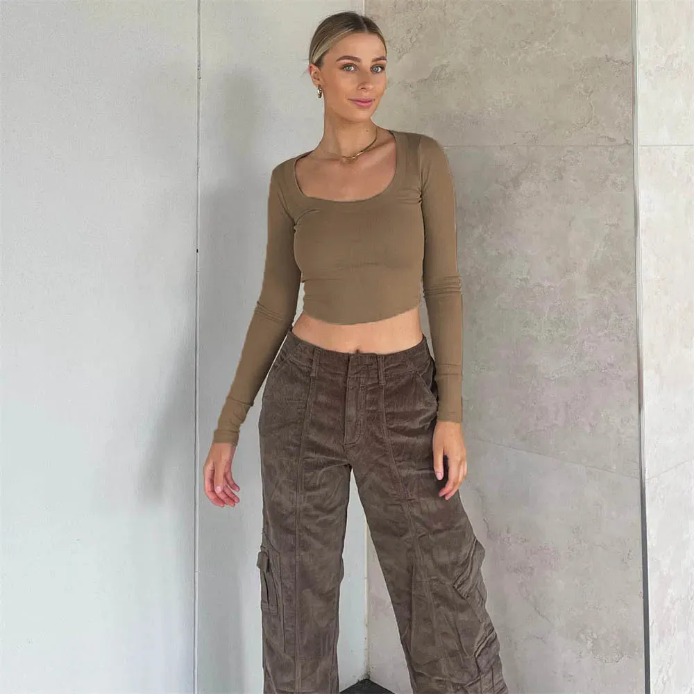 Round Neck Crop Spring Casual Long Sleeve Ribbed Knitted T-shirt