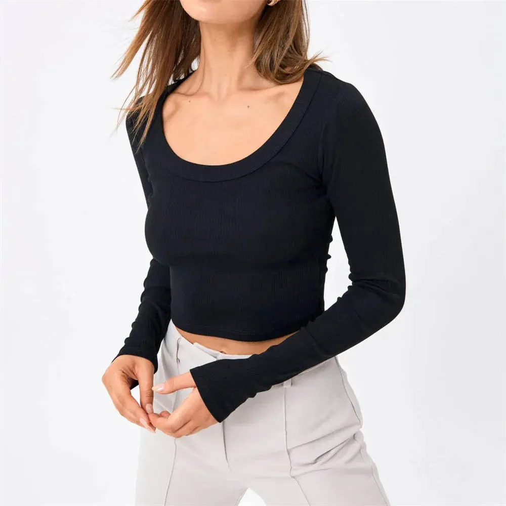 Round Neck Crop Spring Casual Long Sleeve Ribbed Knitted T-shirt