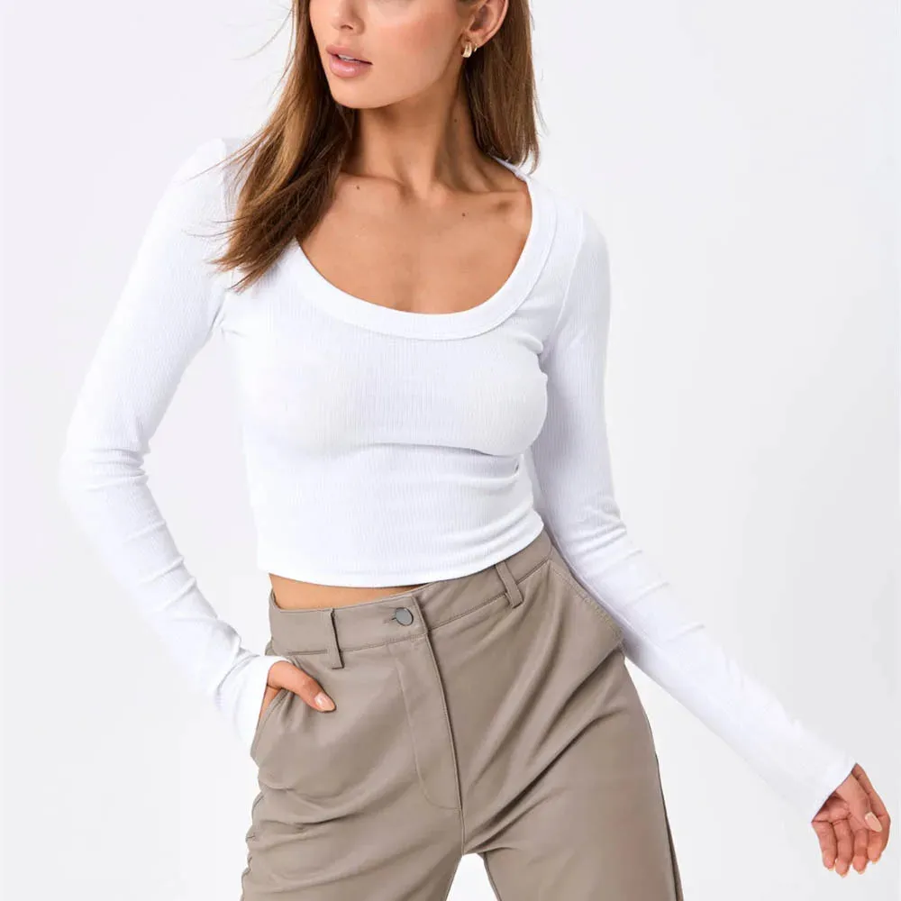 Round Neck Crop Spring Casual Long Sleeve Ribbed Knitted T-shirt