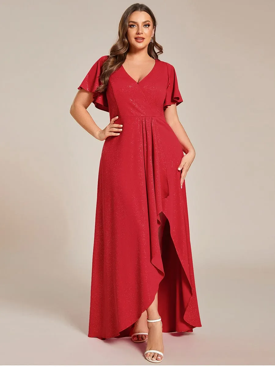 Ruffle Sleeves V Neck High Low Evening Dress