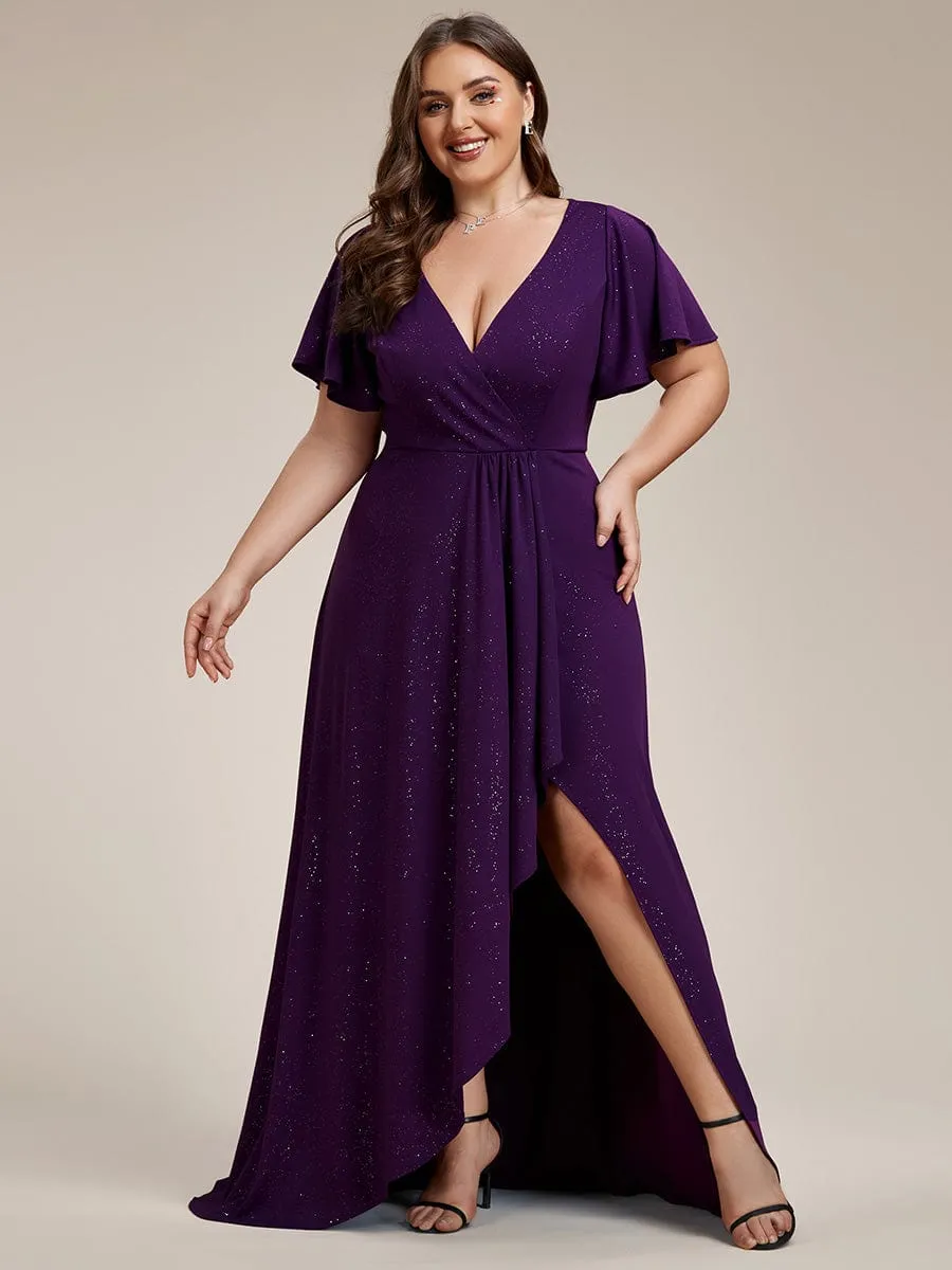 Ruffle Sleeves V Neck High Low Evening Dress