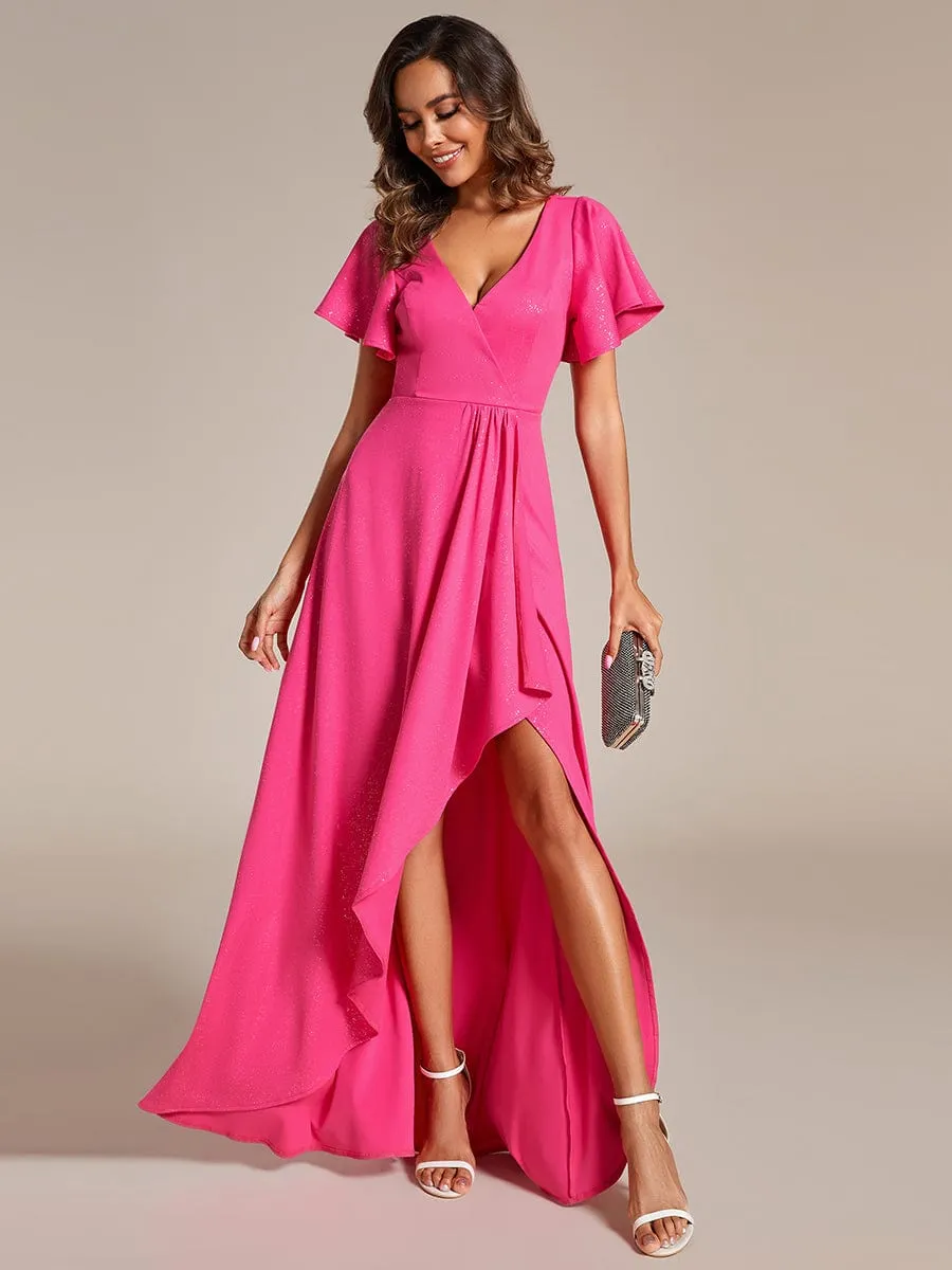 Ruffle Sleeves V Neck High Low Evening Dress