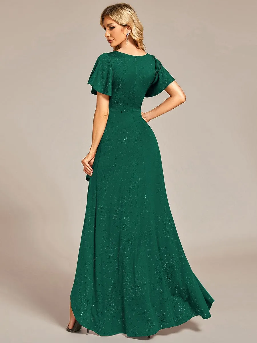 Ruffle Sleeves V Neck High Low Evening Dress