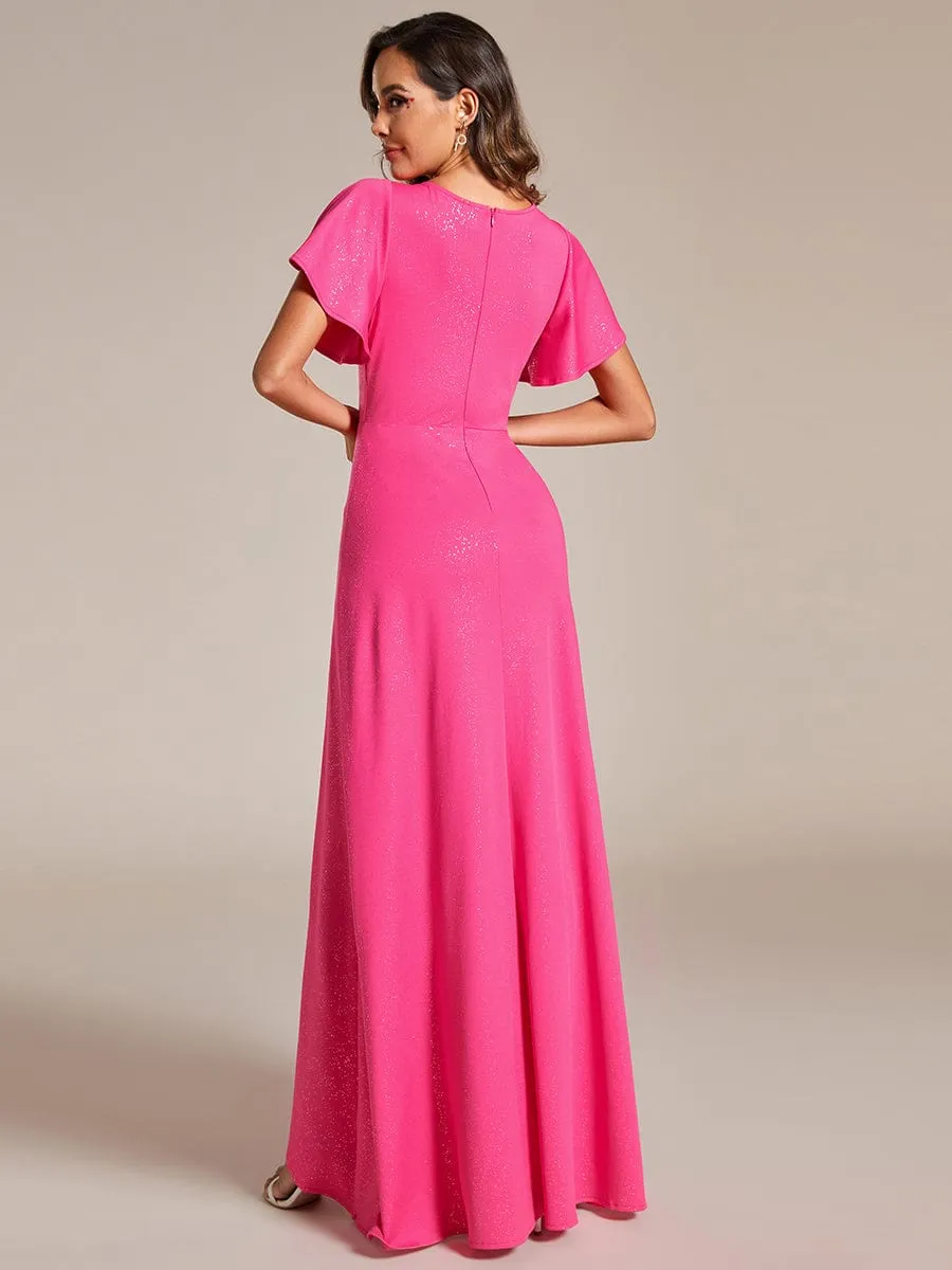 Ruffle Sleeves V Neck High Low Evening Dress