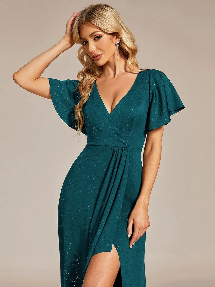 Ruffle Sleeves V Neck High Low Evening Dress