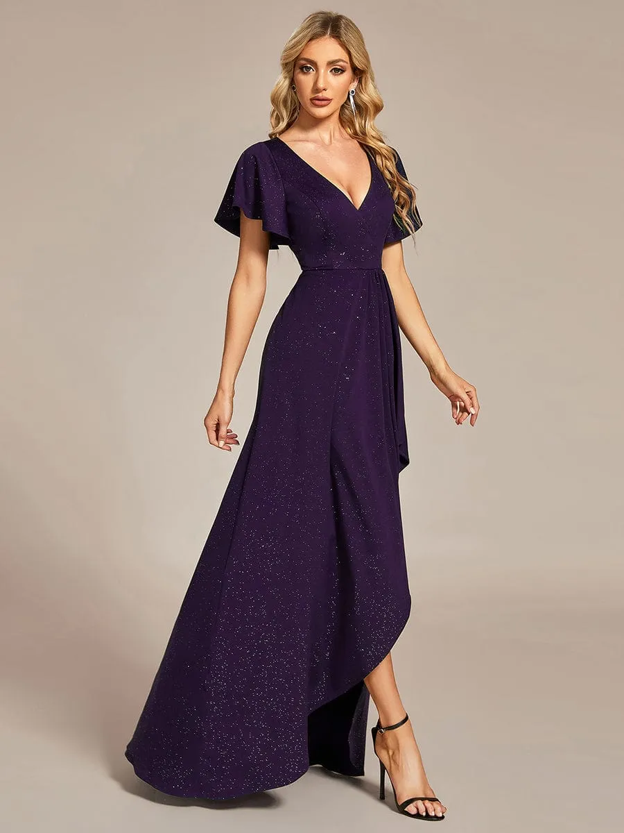 Ruffle Sleeves V Neck High Low Evening Dress