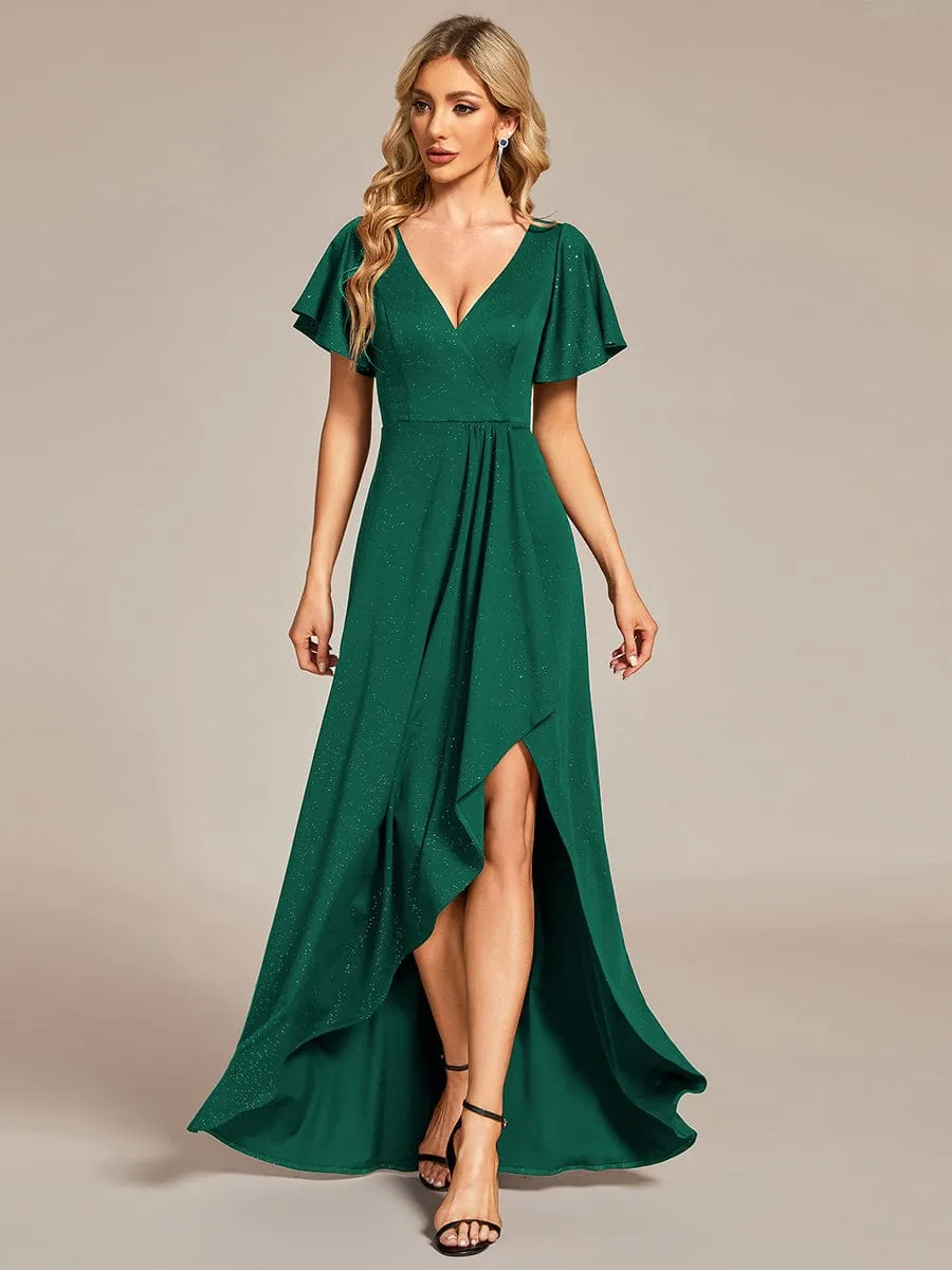 Ruffle Sleeves V Neck High Low Evening Dress