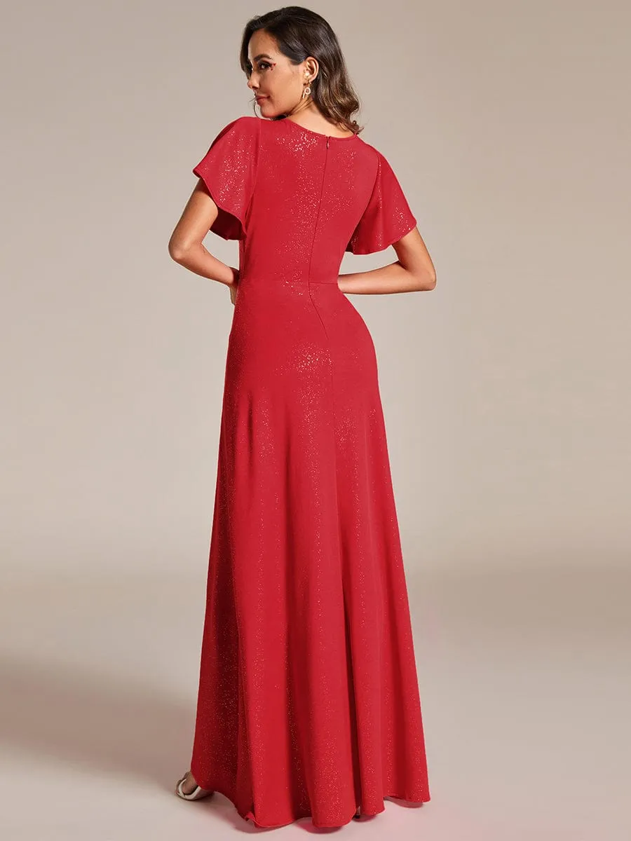 Ruffle Sleeves V Neck High Low Evening Dress