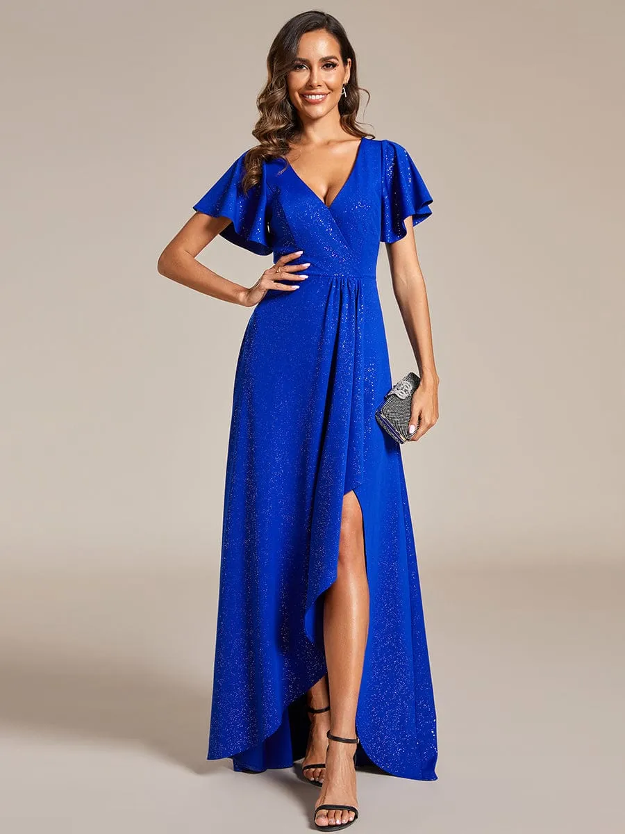 Ruffle Sleeves V Neck High Low Evening Dress