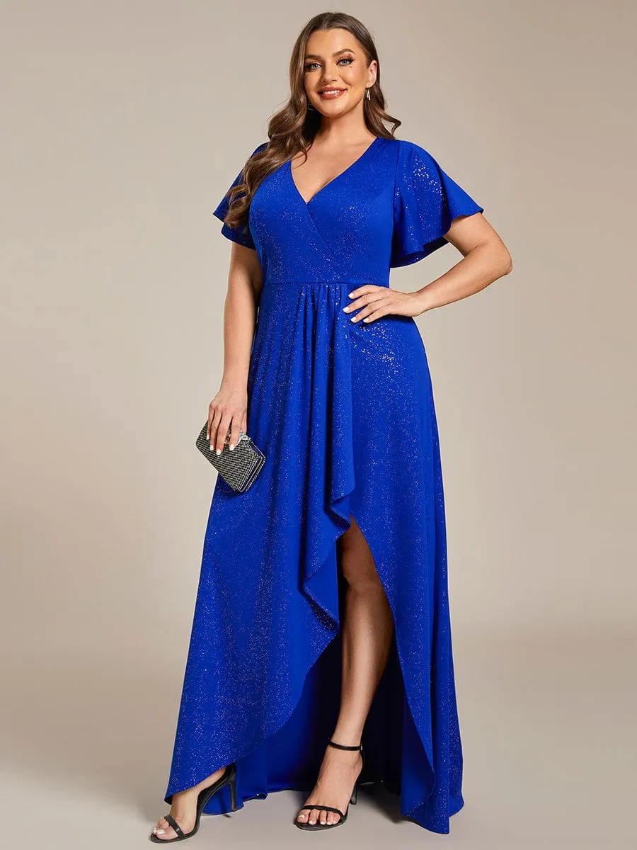 Ruffle Sleeves V Neck High Low Evening Dress